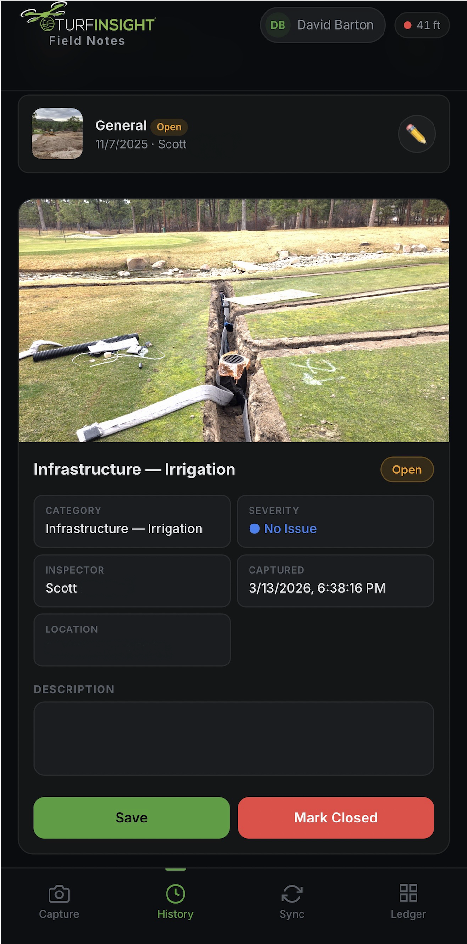Living Ledger capture interface showing photo, GPS location, severity, and category selection