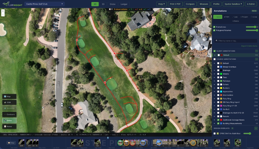 Widescreen Map Viewer showing digitized drainage lines at Castle Pines Golf Club