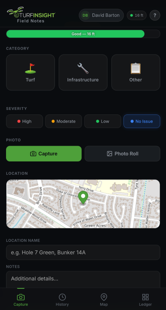 Living Ledger Mobile Capture Screen showing GPS tracking, category nodes, and severity levels