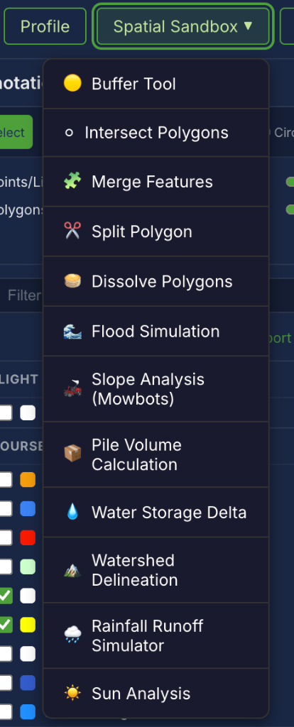 Spatial Sandbox dropdown menu containing the list of analytical tools