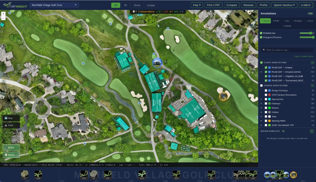 Widescreen Map Viewer showing Memorial Tournament tents and structures at Muirfield Village Golf Club
