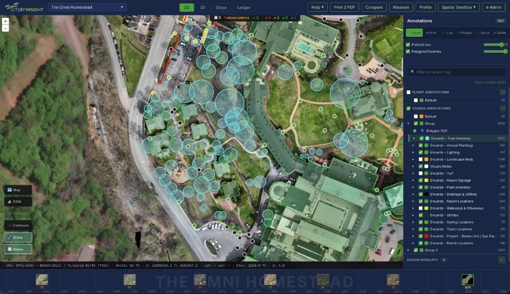 Widescreen Map Viewer showing digitized tree inventories at The Omni Homestead